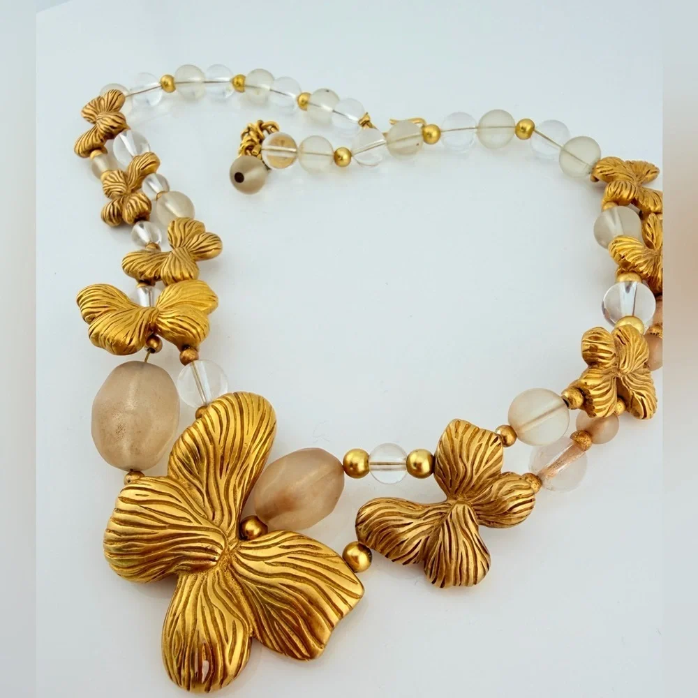 Vtg 1980s NAPIER Crystal Ice Butterfly Necklace Book Piece Frosted Resin Bead